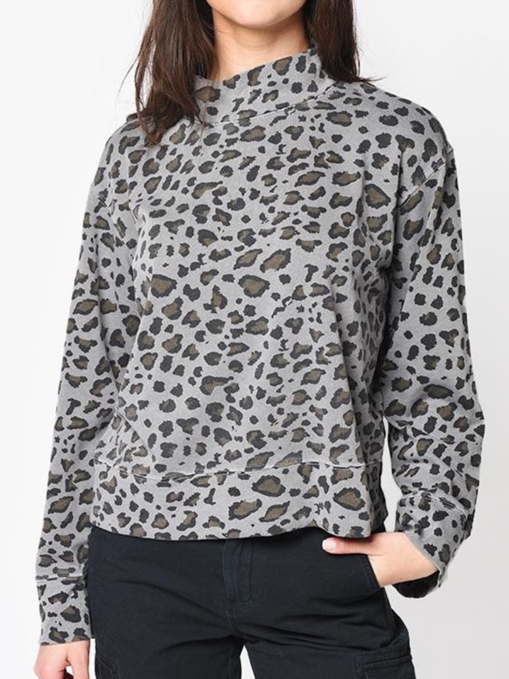 Sundry Leopard Print Funnelneck Sweatshirt in Gray